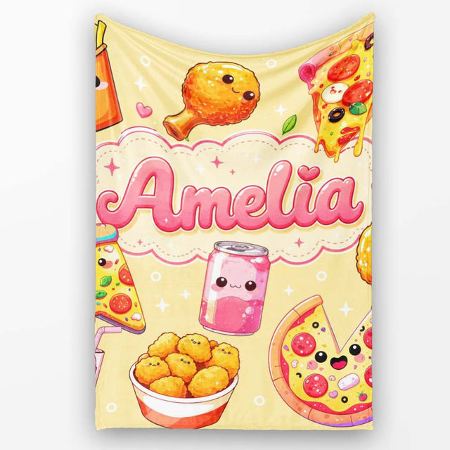 Cute Kawaii Fast Food Pattern with Pizza Fries Chicken Soda Yellow  Personalised Custom Name Super Soft Fleece Blanket Bed Sofa Throw