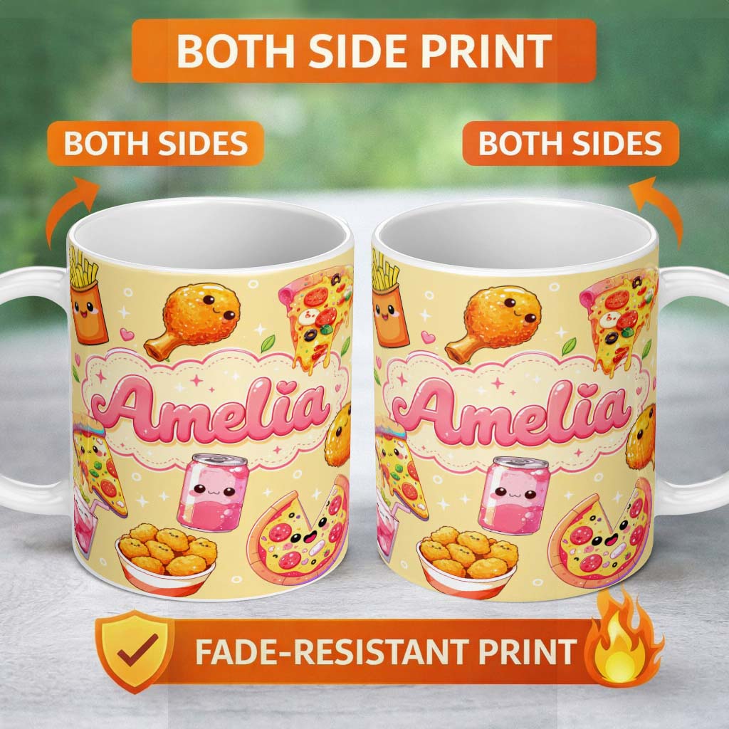 Personalized Custom Name Cute Kawaii Fast Food Pattern with Pizza Fries Chicken Soda Yellow 11oz Ceramic Coffee Tea Mug White Large Handle
