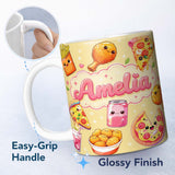 Personalized Custom Name Cute Kawaii Fast Food Pattern with Pizza Fries Chicken Soda Yellow 11oz Ceramic Coffee Tea Mug White Large Handle