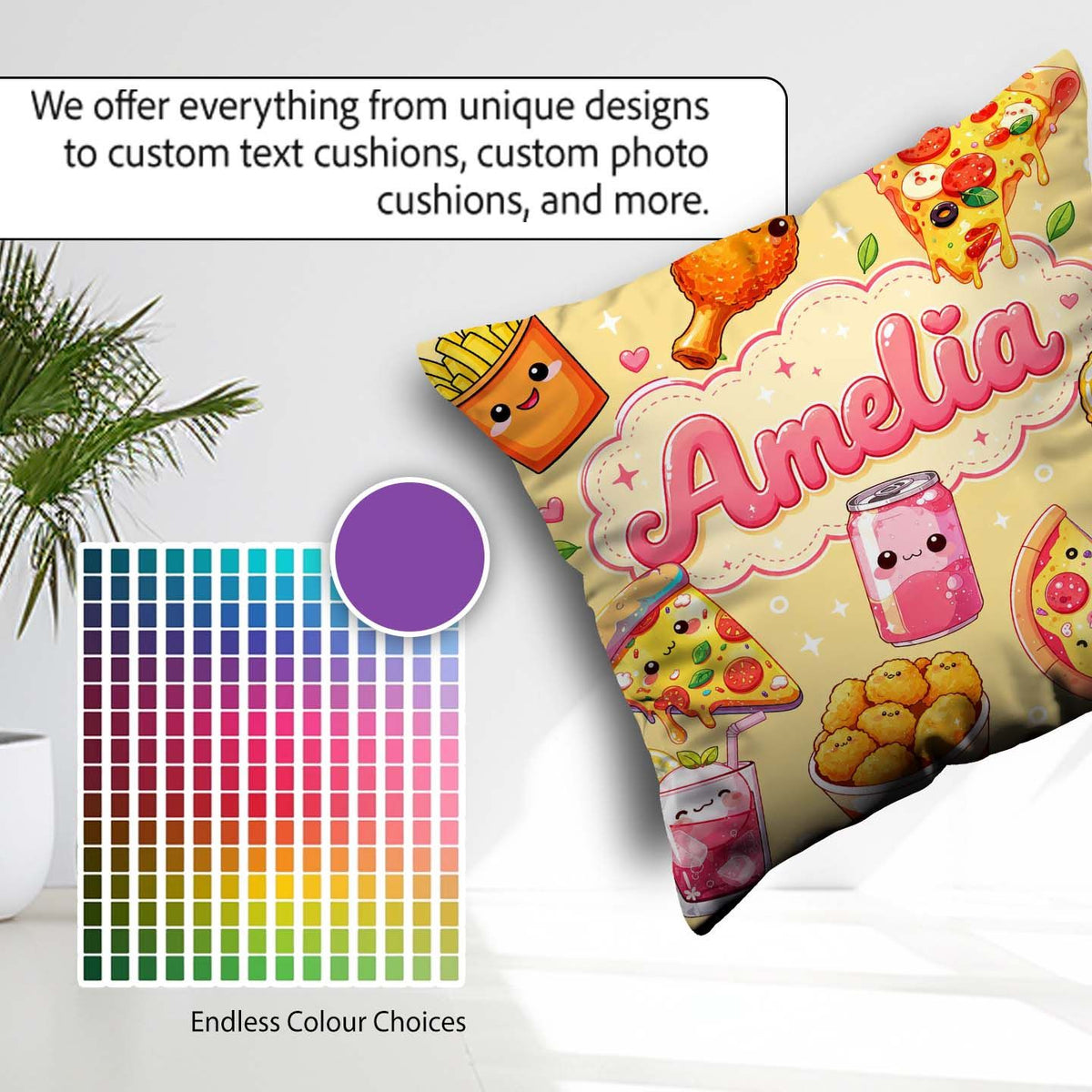 Custom Name Cute Fast Food Pattern with Pizza Fries Chicken Soda Square Filled Cushion Throw Pillow Sofa Bed Home Decor Zip Washable UK Made