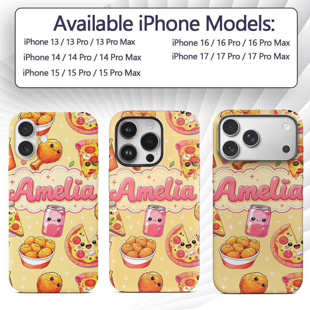 Cute Kawaii Fast Food Pattern with Pizza Fries Custom Name Protective Phone Case Mobile Cover Durable Everyday Smartphone Shock Resistant