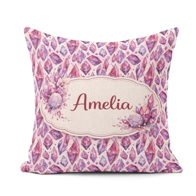 Custom Name Purple Pink Watercolor Crystal Gem Seamless Pattern Square Filled Cushion Throw Pillow Sofa Bed Home Decor Zip Washable UK Made