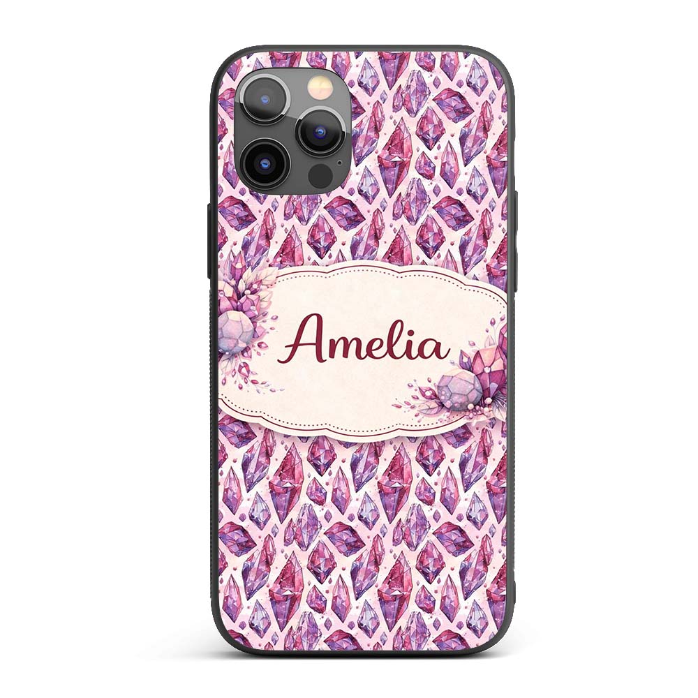 Purple Pink Watercolor Crystal Gem Printed Design Custom Name Protective Phone Case Mobile Cover Durable Everyday Smartphone Shock Resistant