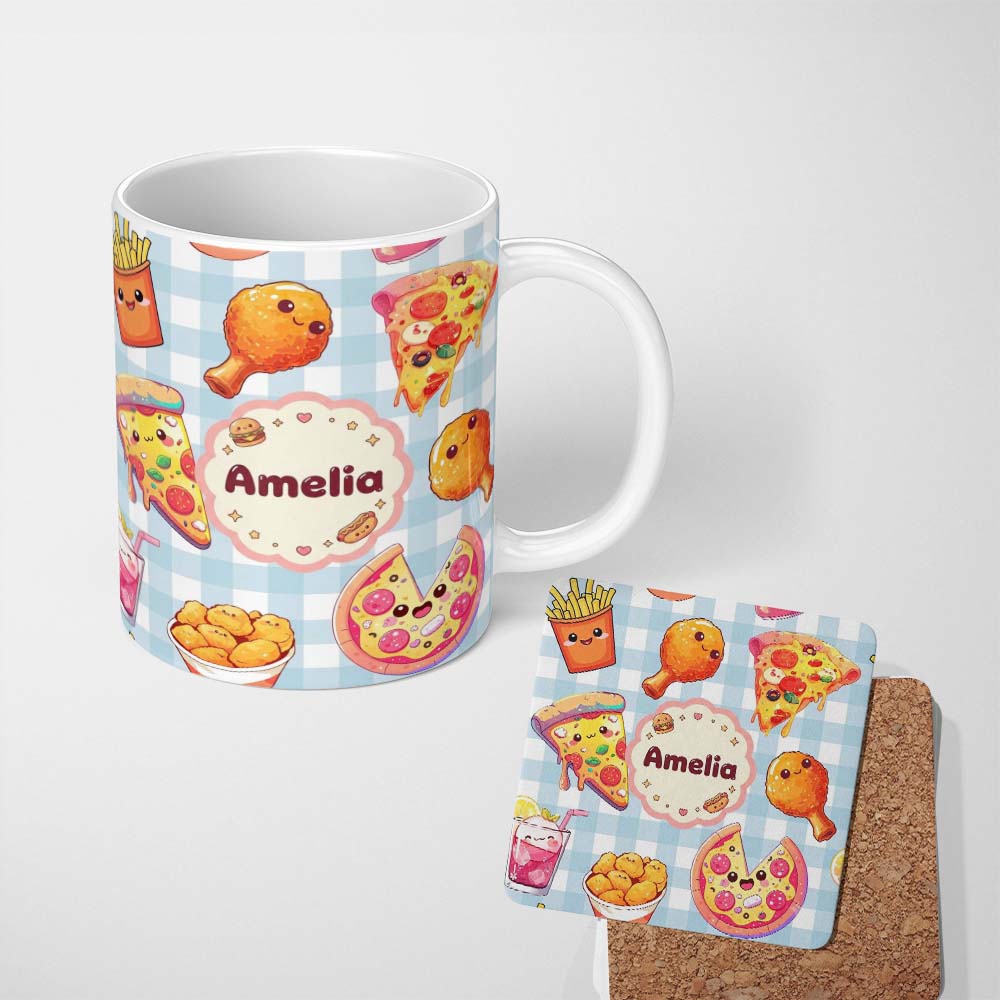 Personalized Custom Name Cute Kawaii Fast Food Pattern with Pizza Chicken Soda Blue Check 11oz Ceramic Coffee Tea Mug White Large Handle