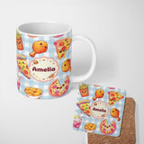 Personalized Custom Name Cute Kawaii Fast Food Pattern with Pizza Chicken Soda Blue Check 11oz Ceramic Coffee Tea Mug White Large Handle