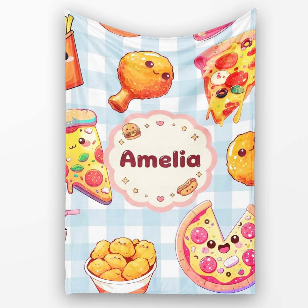 Cute Kawaii Fast Food Pattern with Pizza Chicken Soda Blue Check  Personalised Custom Name Super Soft Fleece Blanket Bed Sofa Throw