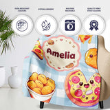 Cute Kawaii Fast Food Pattern with Pizza Chicken Soda Blue Check  Personalised Custom Name Super Soft Fleece Blanket Bed Sofa Throw