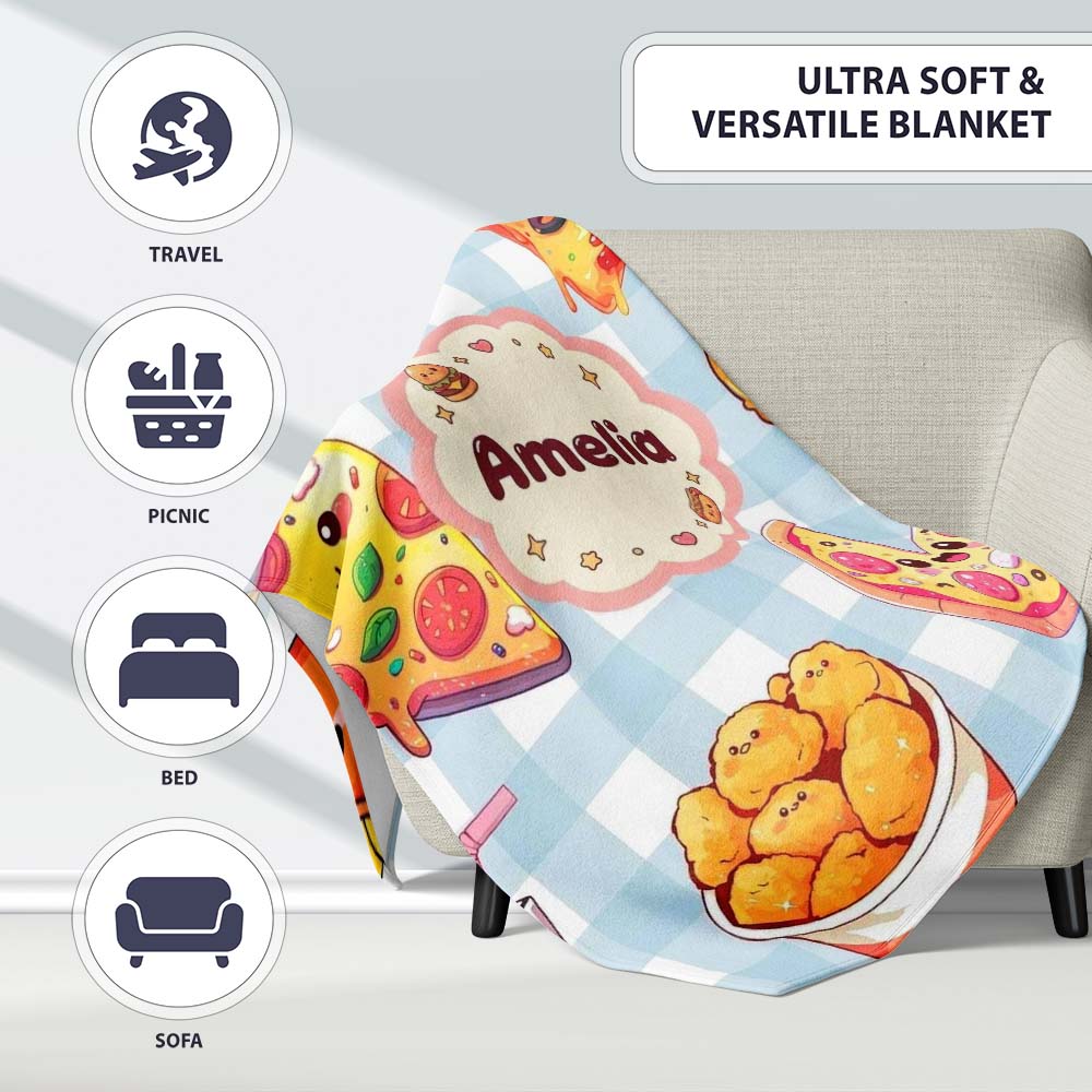 Cute Kawaii Fast Food Pattern with Pizza Chicken Soda Blue Check  Personalised Custom Name Super Soft Fleece Blanket Bed Sofa Throw