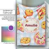 Cute Kawaii Fast Food Pattern with Pizza Chicken Soda Blue Check  Personalised Custom Name Super Soft Fleece Blanket Bed Sofa Throw