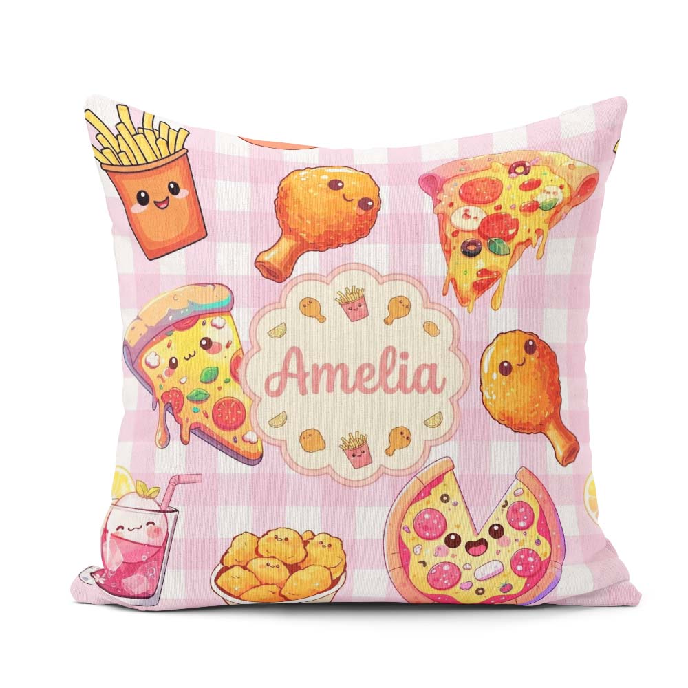 Custom Name Fast Food Pattern with Pizza Chicken Soda Pink Check Square Filled Cushion Throw Pillow Sofa Bed Home Decor Zip Washable UK Made