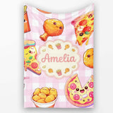 Cute Kawaii Fast Food Pattern with Pizza Chicken Soda Pink Check  Personalised Custom Name Super Soft Fleece Blanket Bed Sofa Throw