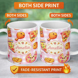 Personalized Custom Name Cute Kawaii Fast Food Pattern with Pizza Chicken Soda Pink Check 11oz Ceramic Coffee Tea Mug White Large Handle