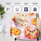 Cute Kawaii Fast Food Pattern with Pizza Chicken Soda Pink Check  Personalised Custom Name Super Soft Fleece Blanket Bed Sofa Throw