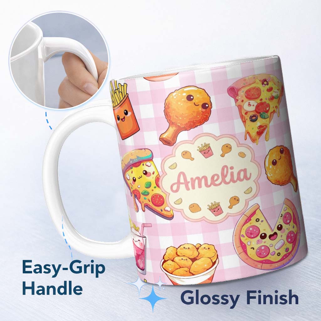 Personalized Custom Name Cute Kawaii Fast Food Pattern with Pizza Chicken Soda Pink Check 11oz Ceramic Coffee Tea Mug White Large Handle