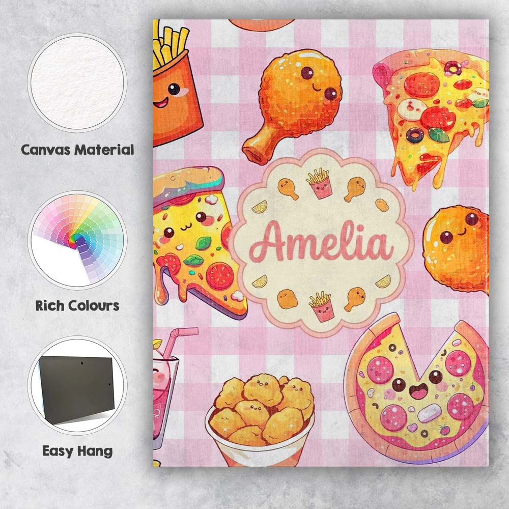 Personalised Name Cute Kawaii Fast Food Custom  Modern Room Accent Elegant Feature Canvas Wall Art Print Decor Picture Ready to Hang