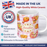 Personalized Custom Name Cute Kawaii Fast Food Pattern with Pizza Chicken Soda Pink Check 11oz Ceramic Coffee Tea Mug White Large Handle