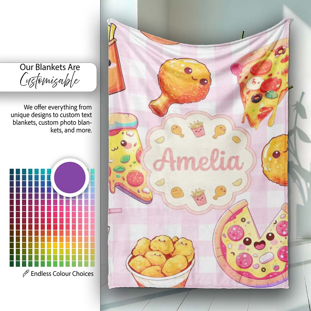 Cute Kawaii Fast Food Pattern with Pizza Chicken Soda Pink Check  Personalised Custom Name Super Soft Fleece Blanket Bed Sofa Throw