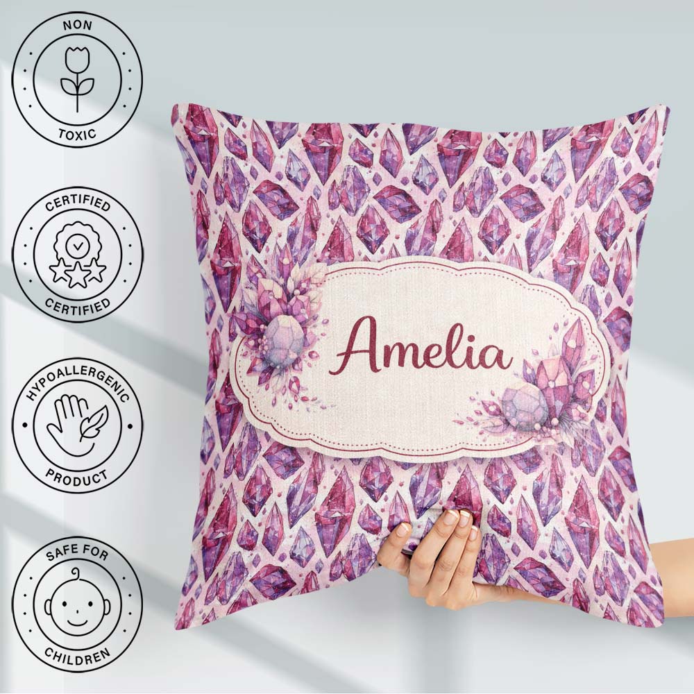 Custom Name Purple Pink Watercolor Crystal Gem Seamless Pattern Square Filled Cushion Throw Pillow Sofa Bed Home Decor Zip Washable UK Made