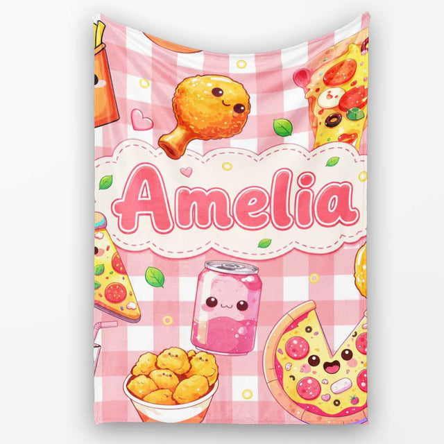 Cute Kawaii Fast Food Pattern with Pizza Chicken Soda Red Check  Personalised Custom Name Super Soft Fleece Blanket Bed Sofa Throw