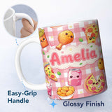 Personalized Custom Name Cute Kawaii Fast Food Pattern with Pizza Chicken Soda Red Check 11oz Ceramic Coffee Tea Mug White Large Handle