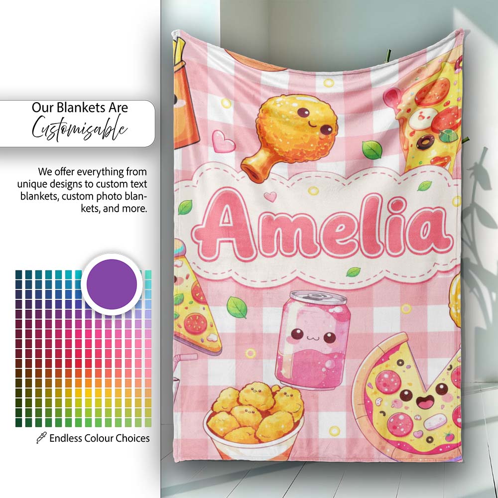 Cute Kawaii Fast Food Pattern with Pizza Chicken Soda Red Check  Personalised Custom Name Super Soft Fleece Blanket Bed Sofa Throw