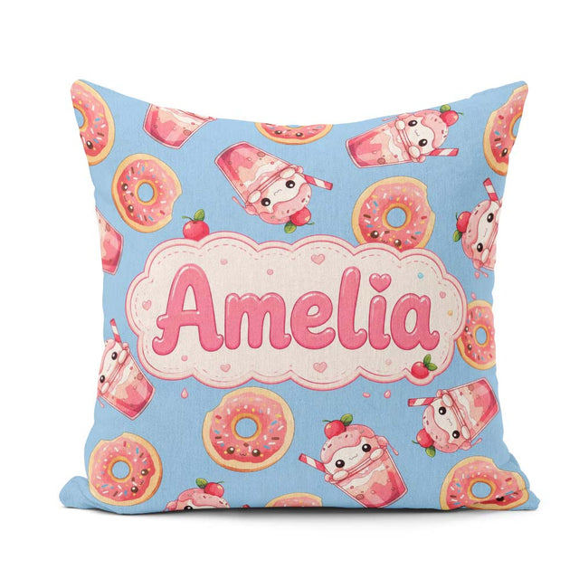 Custom Name Cute Kawaii Donut and Strawberry Drink Seamless Blue Square Filled Cushion Throw Pillow Sofa Bed Home Decor Zip Washable UK Made