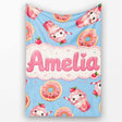 Cute Kawaii Donut and Strawberry Drink Seamless Pattern Blue  Personalised Custom Name Super Soft Fleece Blanket Bed Sofa Throw