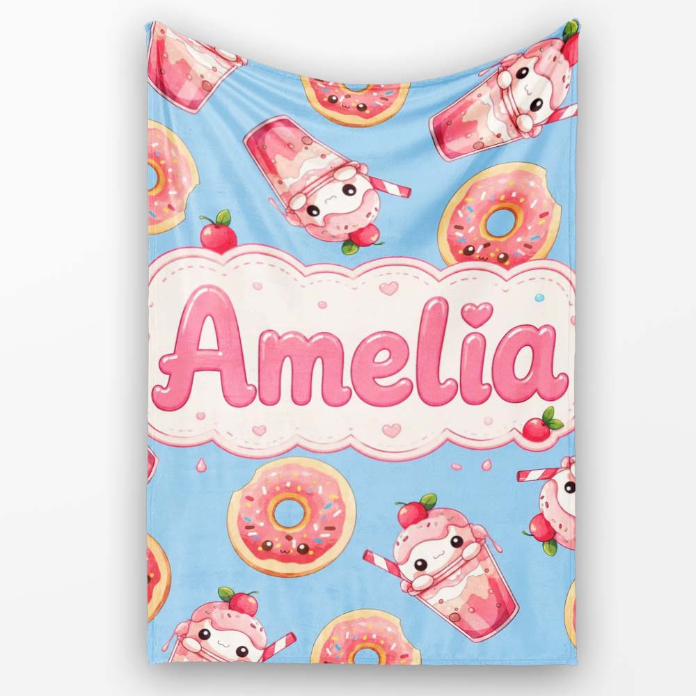 Cute Kawaii Donut and Strawberry Drink Seamless Pattern Blue  Personalised Custom Name Super Soft Fleece Blanket Bed Sofa Throw