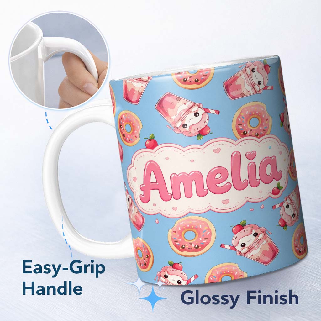 Personalized Custom Name Cute Kawaii Donut and Strawberry Drink Seamless Pattern Blue 11oz Ceramic Coffee Tea Mug White Large Handle