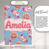 Cute Kawaii Donut and Strawberry Drink Seamless Pattern Blue  Personalised Custom Name Super Soft Fleece Blanket Bed Sofa Throw