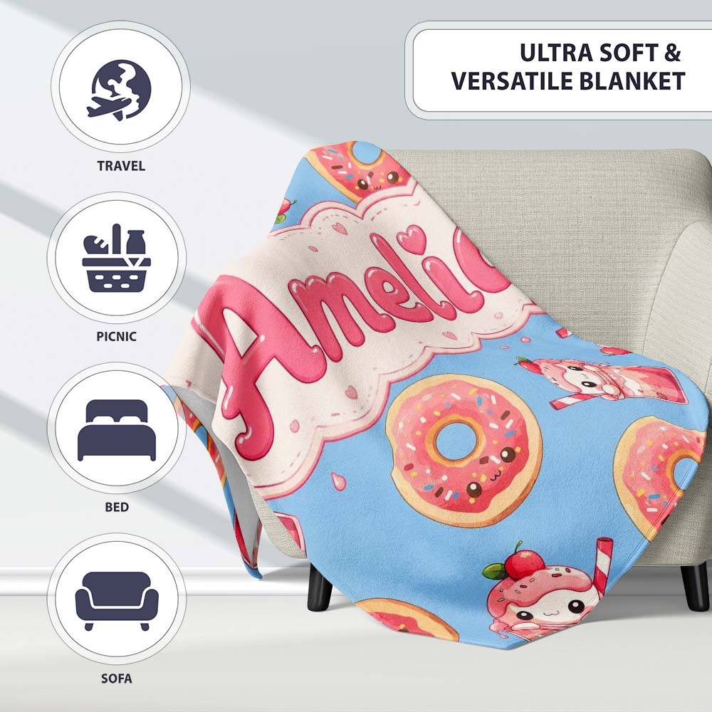 Cute Kawaii Donut and Strawberry Drink Seamless Pattern Blue  Personalised Custom Name Super Soft Fleece Blanket Bed Sofa Throw