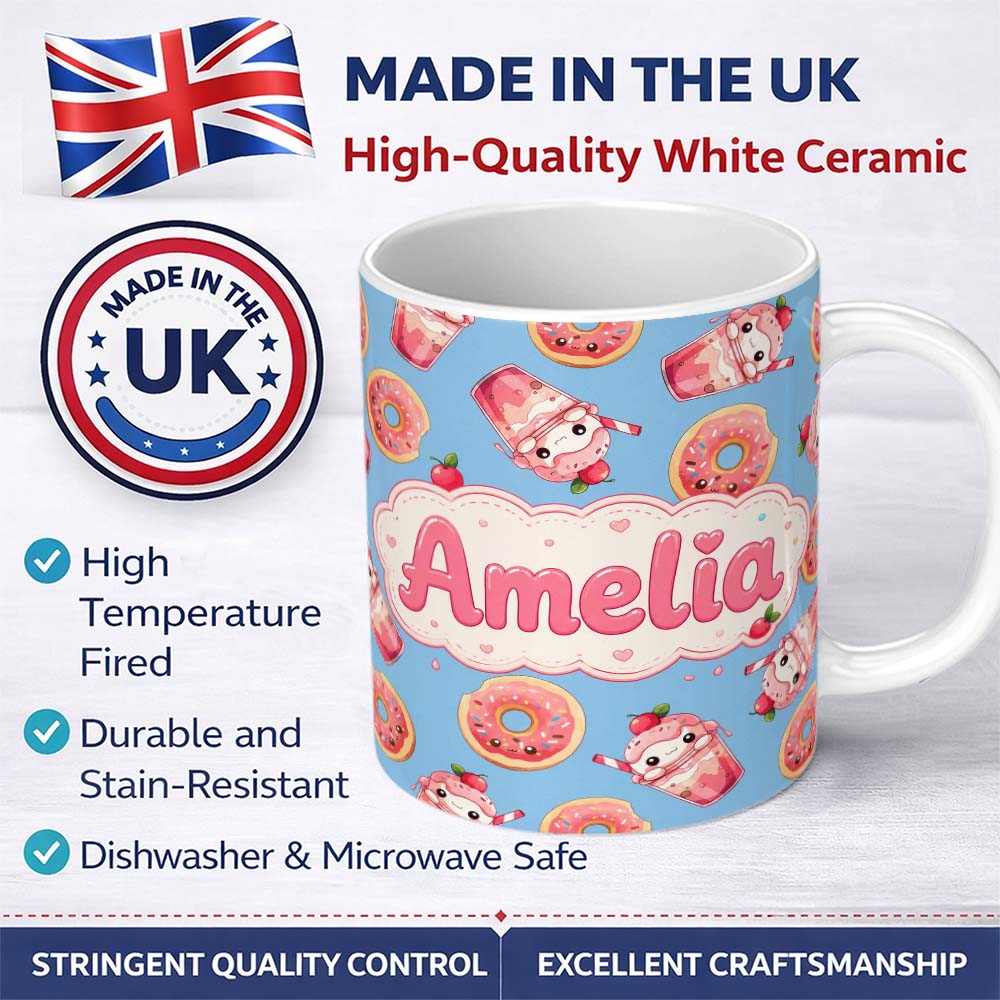 Personalized Custom Name Cute Kawaii Donut and Strawberry Drink Seamless Pattern Blue 11oz Ceramic Coffee Tea Mug White Large Handle