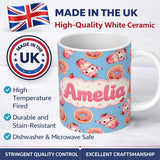 Personalized Custom Name Cute Kawaii Donut and Strawberry Drink Seamless Pattern Blue 11oz Ceramic Coffee Tea Mug White Large Handle