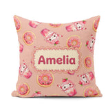 Custom Name Cute Kawaii Donut and Strawberry Drink Pattern Peach Square Filled Cushion Throw Pillow Sofa Bed Home Decor Zip Washable UK Made