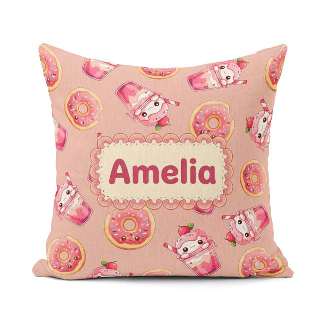 Custom Name Cute Kawaii Donut and Strawberry Drink Pattern Peach Square Filled Cushion Throw Pillow Sofa Bed Home Decor Zip Washable UK Made