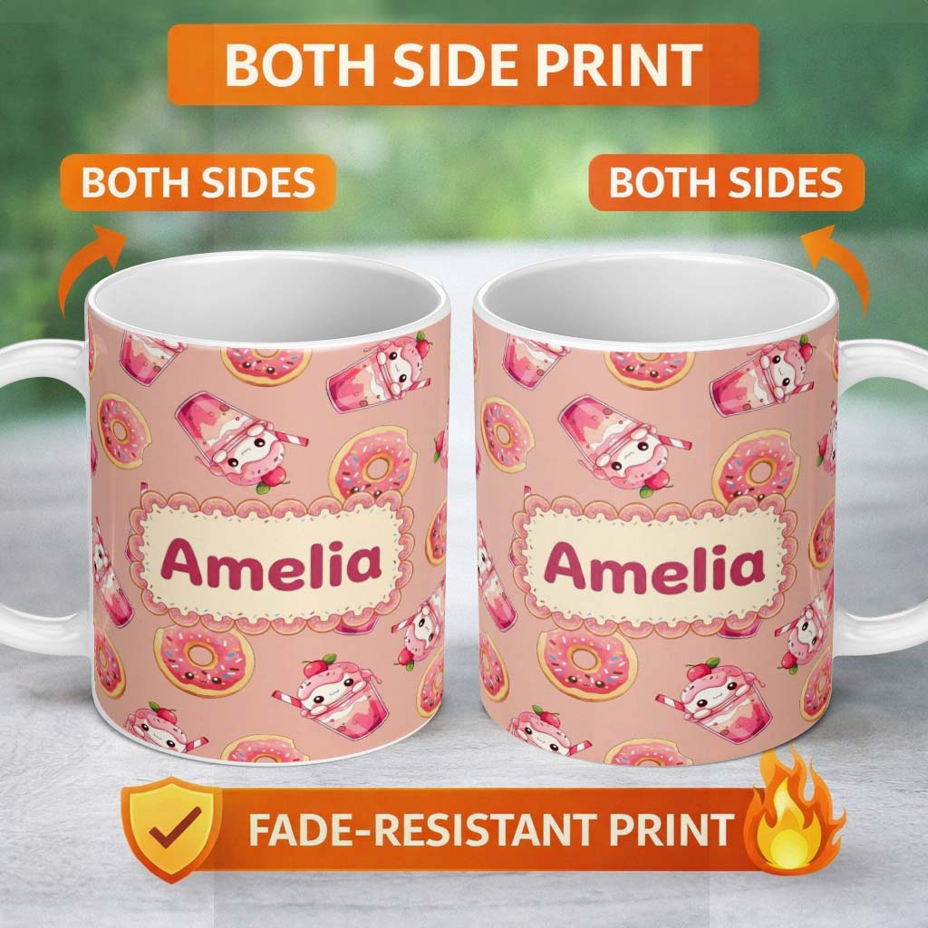 Personalized Custom Name Cute Kawaii Donut and Strawberry Drink Seamless Pattern Peach 11oz Ceramic Coffee Tea Mug White Large Handle