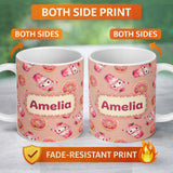 Personalized Custom Name Cute Kawaii Donut and Strawberry Drink Seamless Pattern Peach 11oz Ceramic Coffee Tea Mug White Large Handle