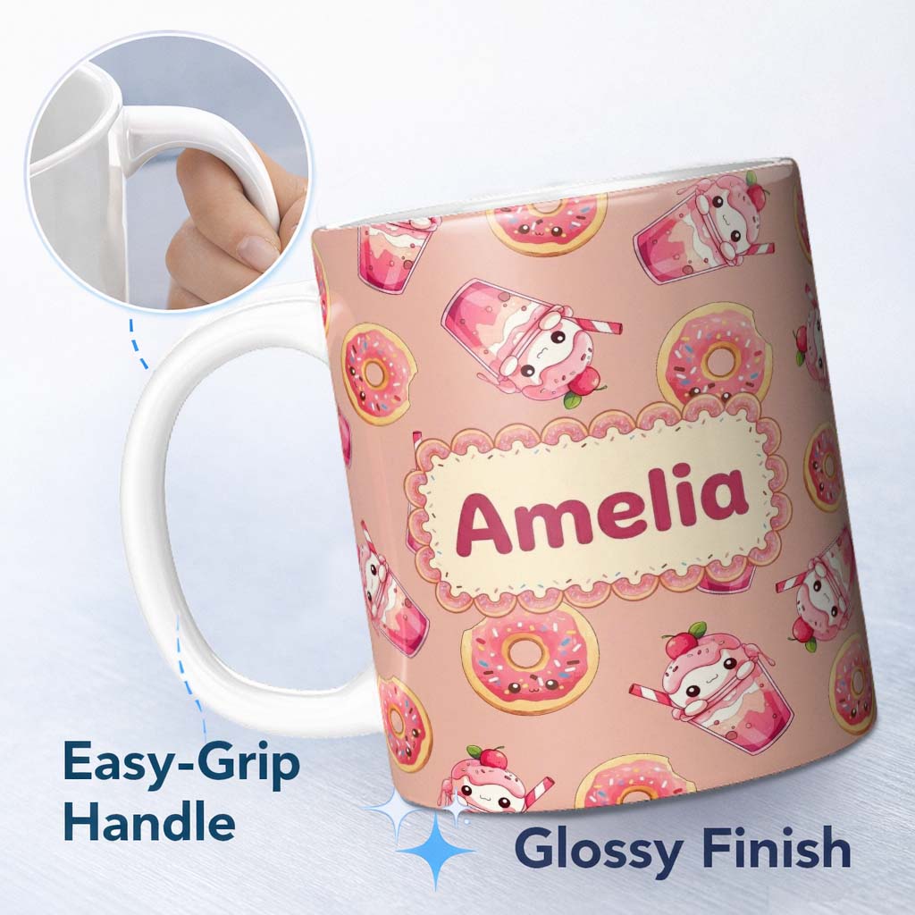 Personalized Custom Name Cute Kawaii Donut and Strawberry Drink Seamless Pattern Peach 11oz Ceramic Coffee Tea Mug White Large Handle