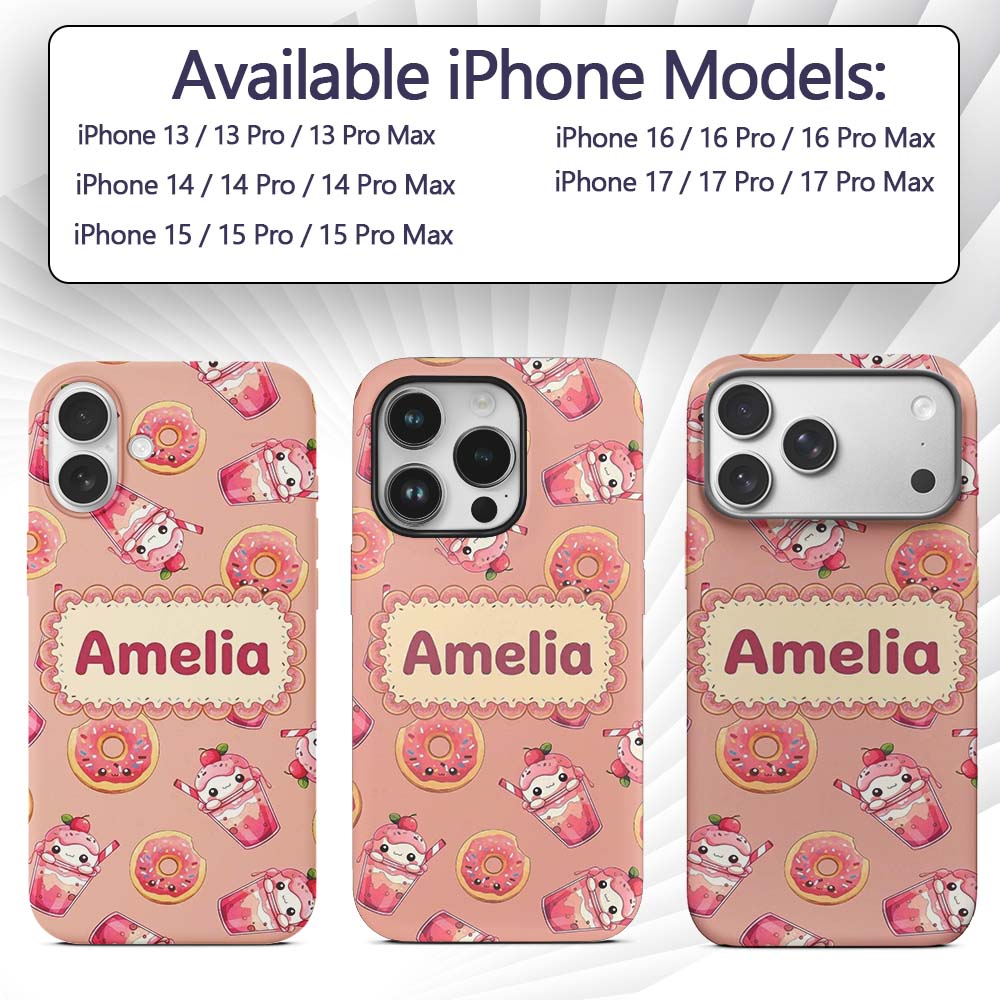 Cute Kawaii Donut and Strawberry Drink Seamless Custom Name Protective Phone Case Mobile Cover Durable Everyday Smartphone Shock Resistant