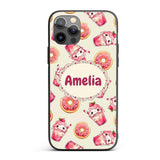 Cute Kawaii Donut and Strawberry Drink Seamless Custom Name Protective Phone Case Mobile Cover Durable Everyday Smartphone Shock Resistant