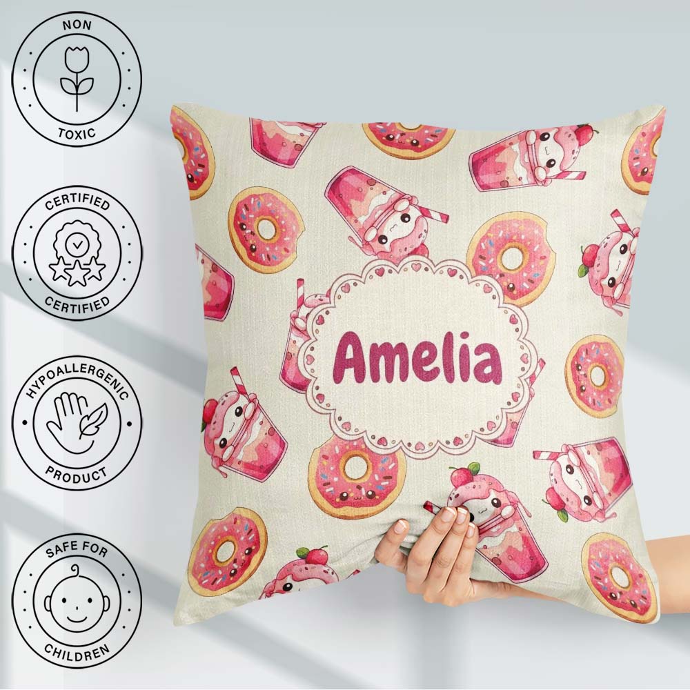 Custom Name Cute Kawaii Donut and Strawberry Drink Pattern Cream Square Filled Cushion Throw Pillow Sofa Bed Home Decor Zip Washable UK Made