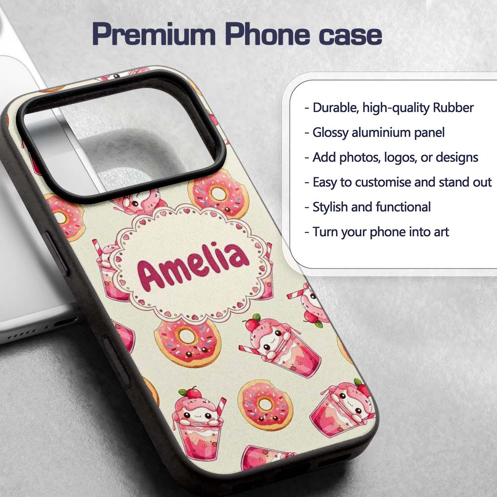 Cute Kawaii Donut and Strawberry Drink Seamless Custom Name Protective Phone Case Mobile Cover Durable Everyday Smartphone Shock Resistant
