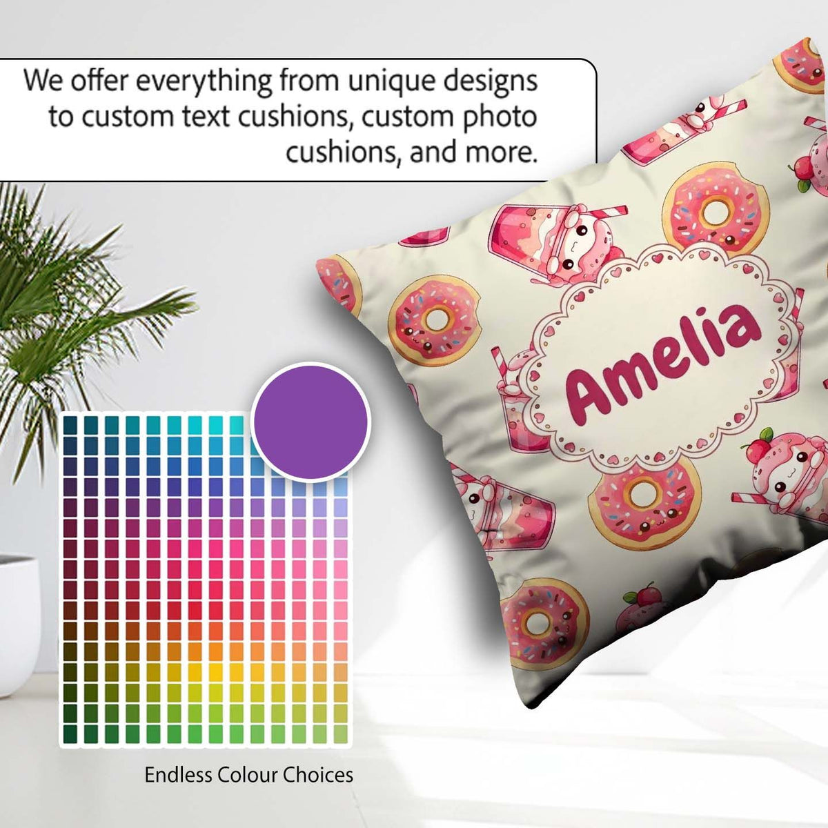 Custom Name Cute Kawaii Donut and Strawberry Drink Pattern Cream Square Filled Cushion Throw Pillow Sofa Bed Home Decor Zip Washable UK Made