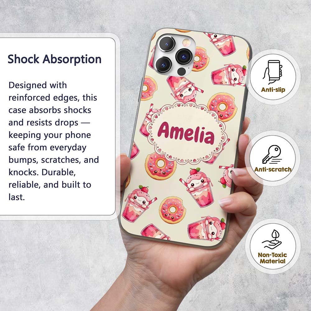 Cute Kawaii Donut and Strawberry Drink Seamless Custom Name Protective Phone Case Mobile Cover Durable Everyday Smartphone Shock Resistant