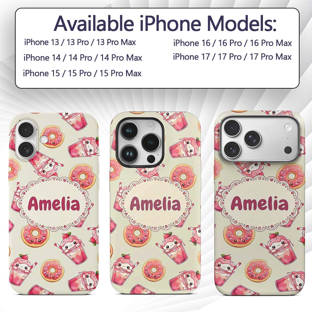 Cute Kawaii Donut and Strawberry Drink Seamless Custom Name Protective Phone Case Mobile Cover Durable Everyday Smartphone Shock Resistant