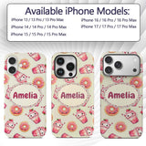 Cute Kawaii Donut and Strawberry Drink Seamless Custom Name Protective Phone Case Mobile Cover Durable Everyday Smartphone Shock Resistant