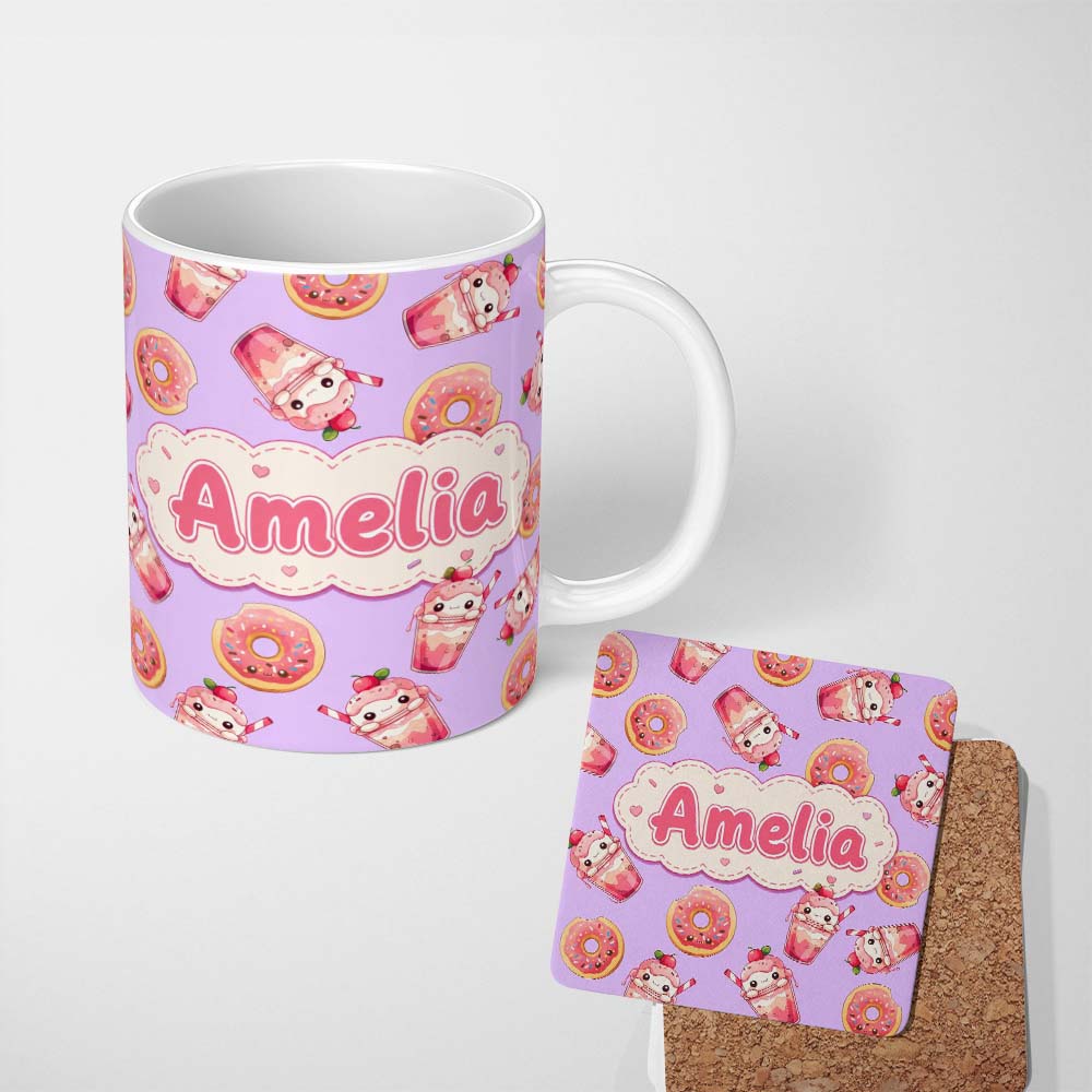 Personalized Custom Name Cute Kawaii Donut and Strawberry Drink Seamless Pattern Purple 11oz Ceramic Coffee Tea Mug White Large Handle