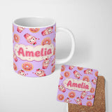 Personalized Custom Name Cute Kawaii Donut and Strawberry Drink Seamless Pattern Purple 11oz Ceramic Coffee Tea Mug White Large Handle