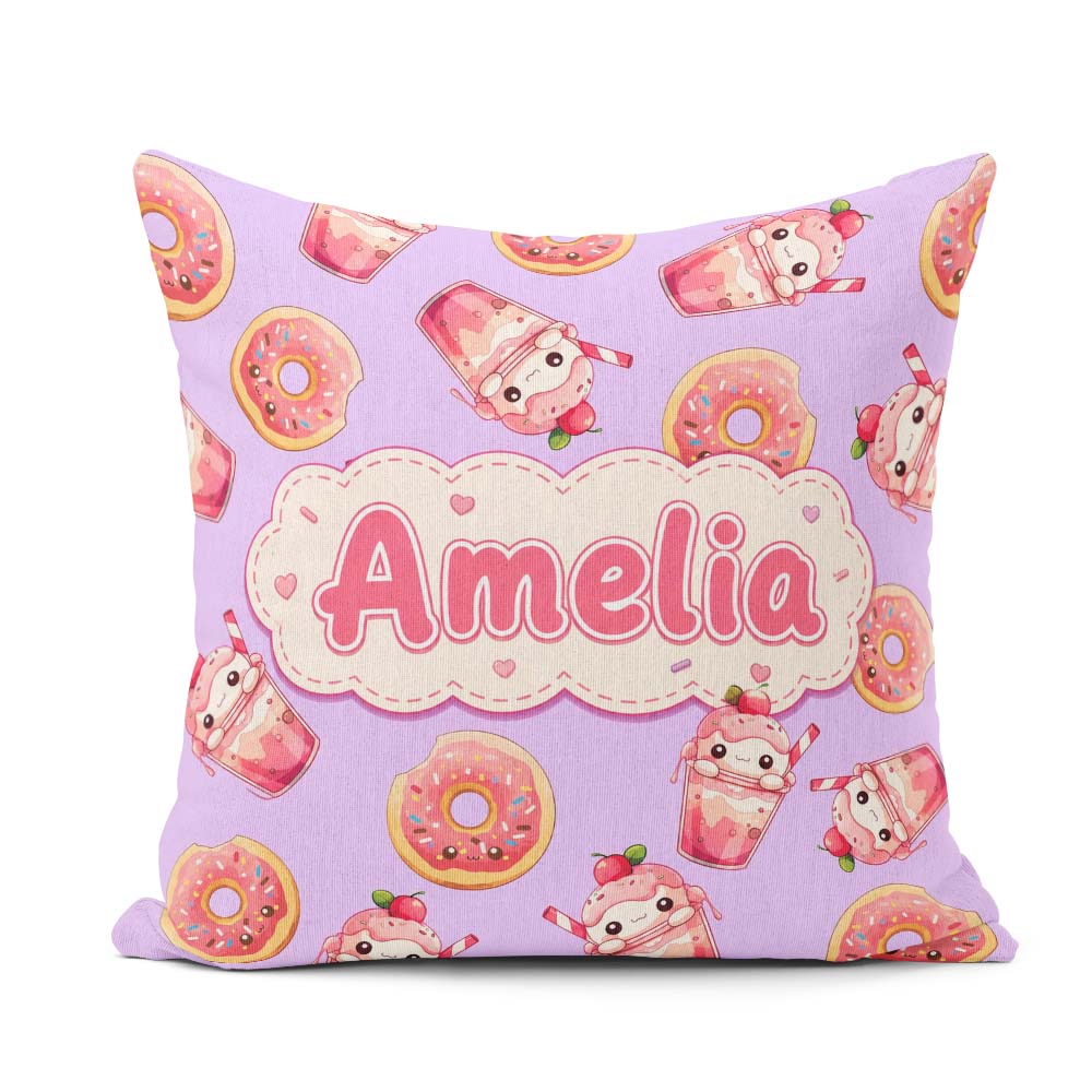 Custom Name Cute Kawaii Donut and Drink Seamless Pattern Purple Square Filled Cushion Throw Pillow Sofa Bed Home Decor Zip Washable UK Made