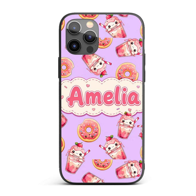 Cute Kawaii Donut and Strawberry Drink Seamless Custom Name Protective Phone Case Mobile Cover Durable Everyday Smartphone Shock Resistant